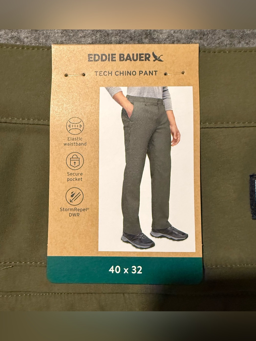 Eddie Bauer Tech Chino Pants Mens 40x32 Green Stretch Performance Comfort NWT